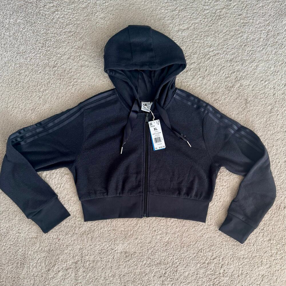 Adidas Cropped Full Zip Hoodie Gray Satin Trim Terry womens XL JN3006 NWT